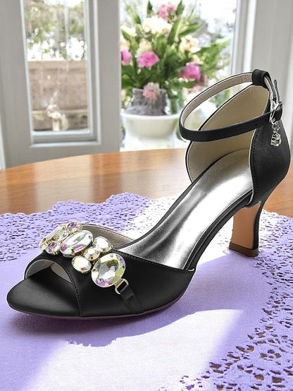 Ankle Women's Strap Satin Black with and Open Toe Heels
