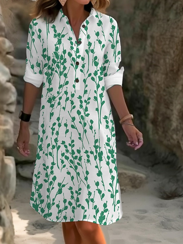 Women's Midi Dress Faux Cotton Linen Shirt Dress Casual