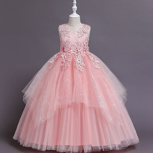 A Girls' Floral Solid Line Colored Kids Dress