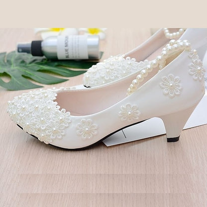 White Heels – Decorated Women's Wedding Lace Floral Pearl