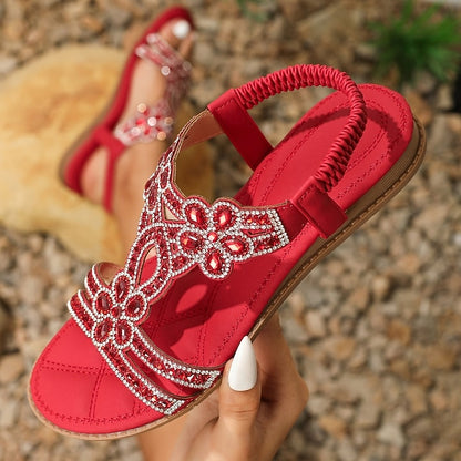 Flat Sandals Silver Women's – T-Strap Rhinestone Boho