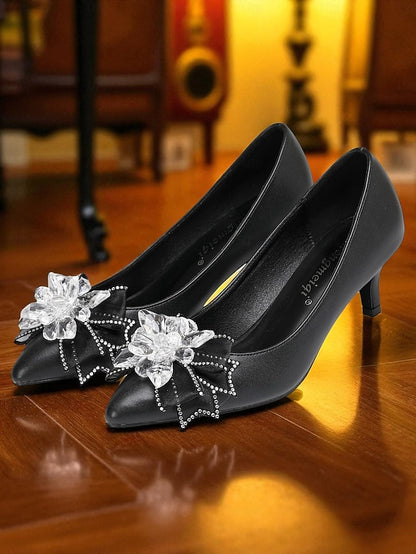 White Shoes Low Women's Wedding with Crystal Bow Heel