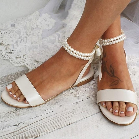 Ankle Sandals – White Strap Flat with Women's Pearl