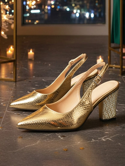 Slingback Toe - Pointed Heel Women's with Pumps Gold Block