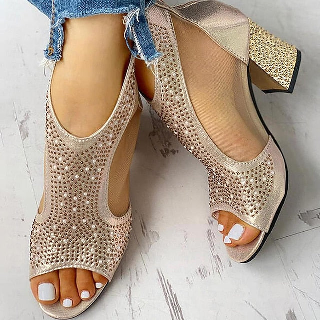Elegant Gold Sandals Toe Women's with Peep Heeled Glitter