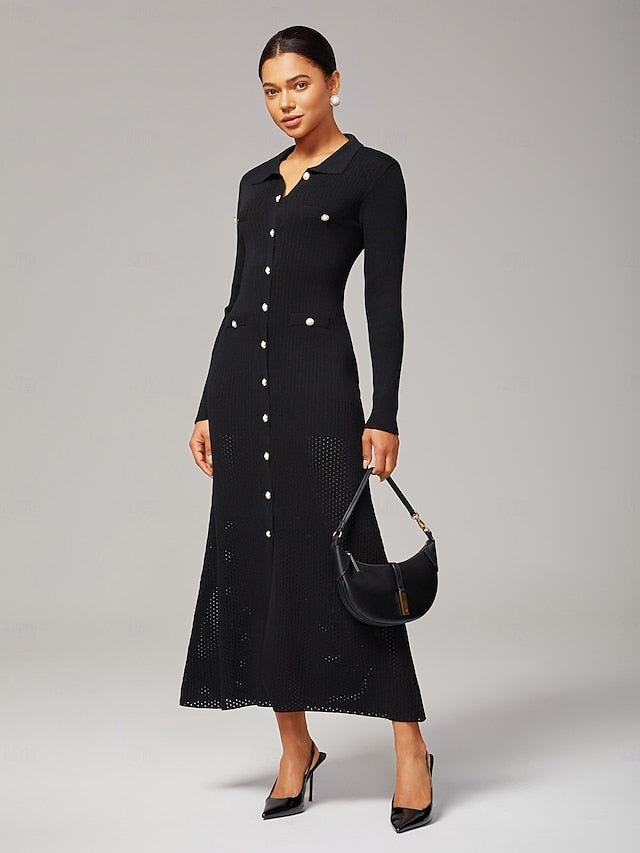 Women's Elegant Black Knit Maxi Dress