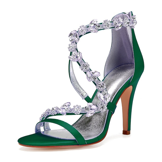 Floral Pink Sandals with High Heel Rhinestone Women's Satin