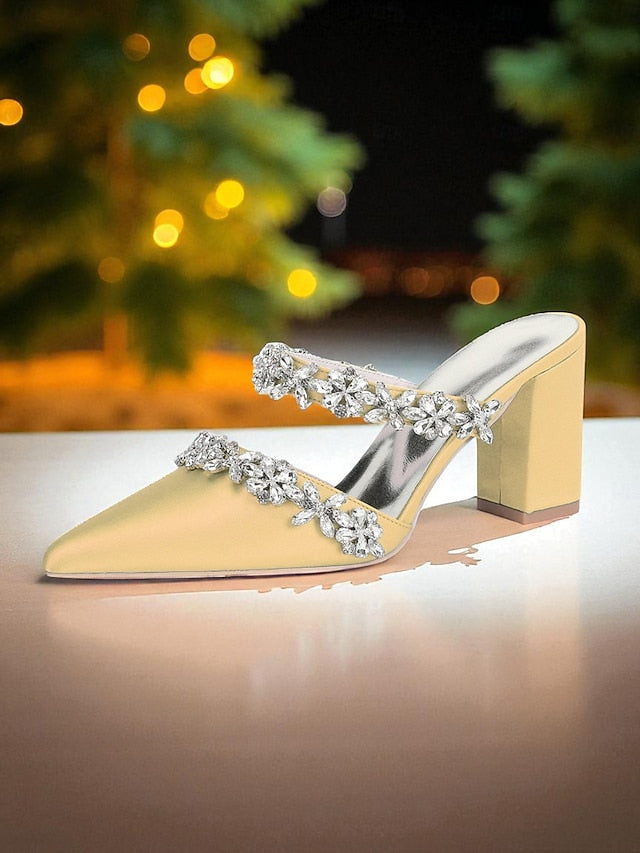 Floral Black Women's Block with Mules Rhinestone Heel Satin