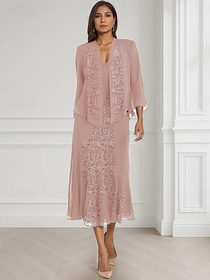 Dress Mother Two Piece the Neck Square A-Line of Bride Elegant