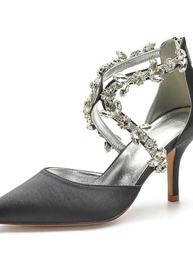 Heels Satin Women's White Pointed Crystal Strap – Elegant