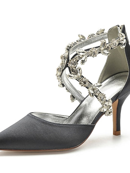 Heels Satin Women's White Pointed Crystal Strap – Elegant