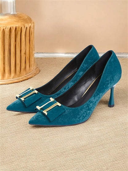 Teal Toe Heel - Pumps Elegant Kitten Pointed Velvet Women's