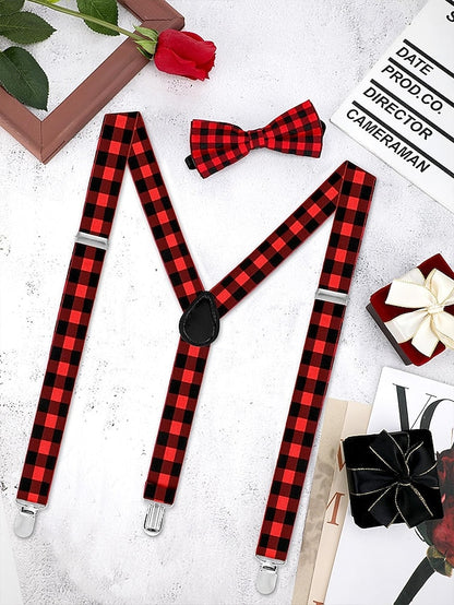 Men's Suspender Adjustable Tie Plaid and Christmas Set Bow