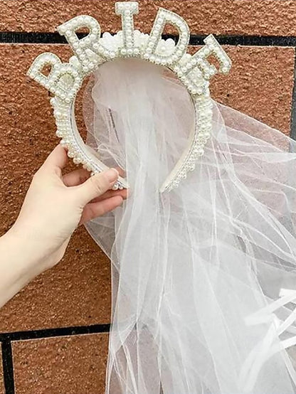 Pearl-Embellished 'BRIDE' Headband Veil – with