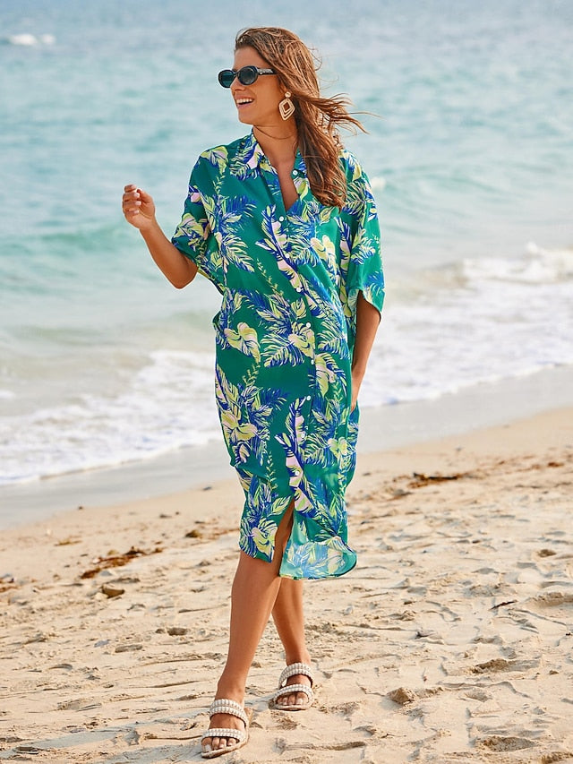 Leaf Print Shirt Short Sleeve Midi Chiffon Dress
