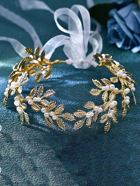 Accents Elegant Leaf with Pearl Bridal Gold Belt –