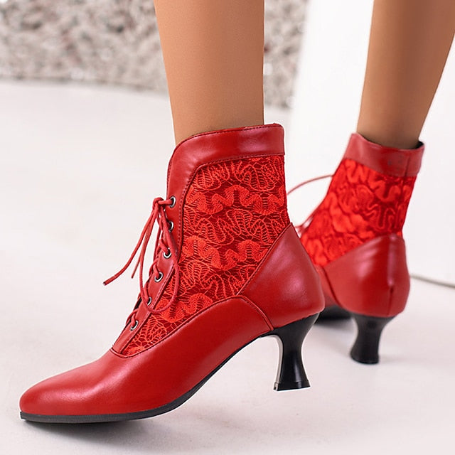 Lace-Up Ankle Women's Boots White Embroidered with Panels