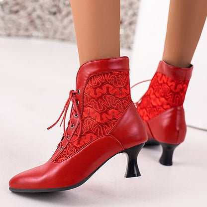 Lace-Up Ankle Women's Boots White Embroidered with Panels