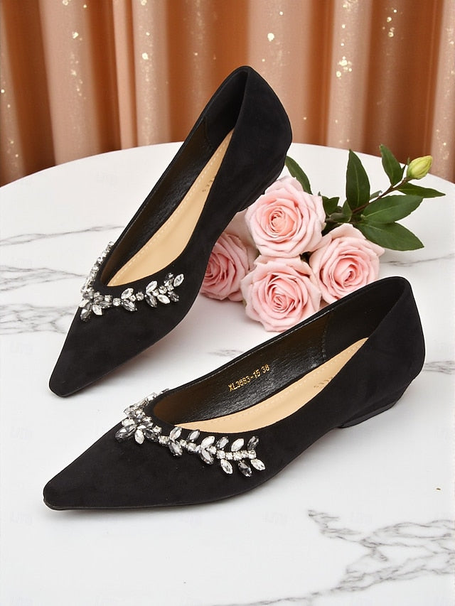 Black Suede Pointed Rhinestone Women's Flats Toe with