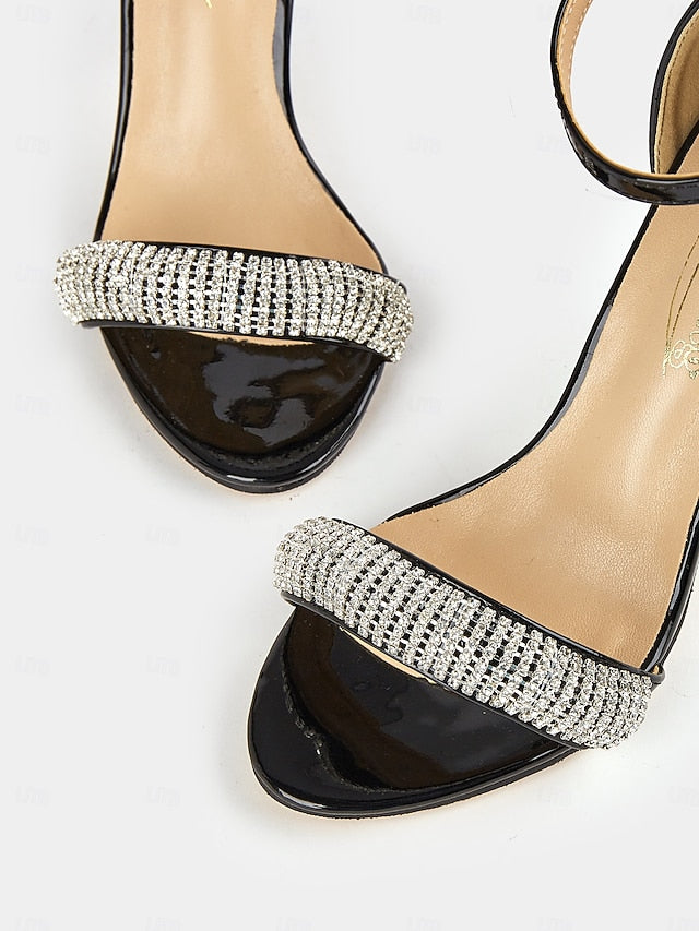 Patent Heel Black Sandals Rhinestone Leather High with