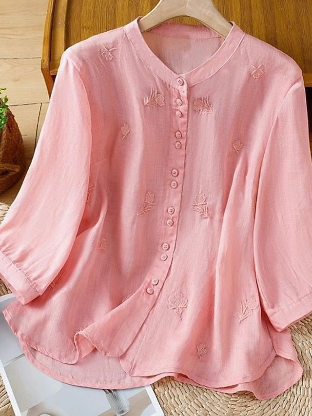 Women's Cotton Linen Shirts Solid Color Daily Basic Casual