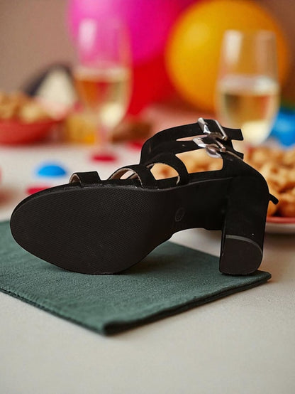 Open Women's Black Suede Sandals Toe - Heel Block Strappy