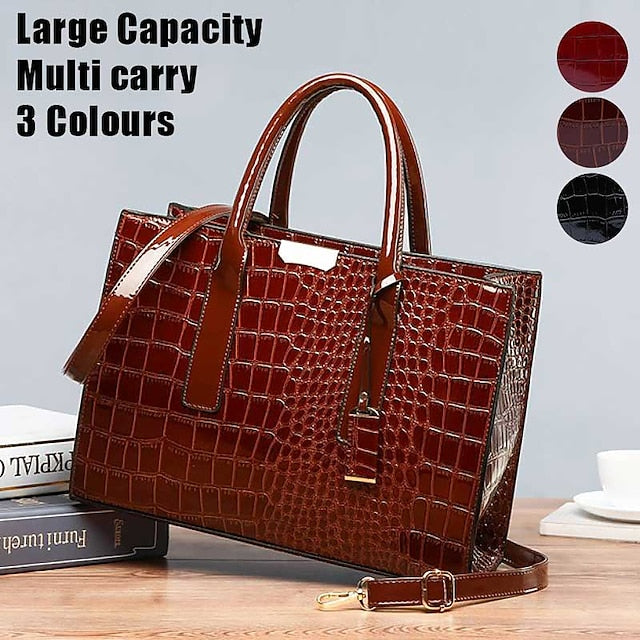 Black Crocodile Women's Leather Pattern Handbag with Patent