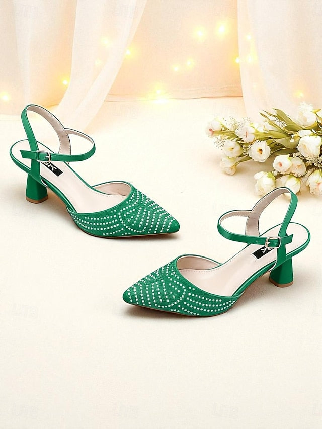 Toe Red Pointed Women's Heels Slingback Rhinestone