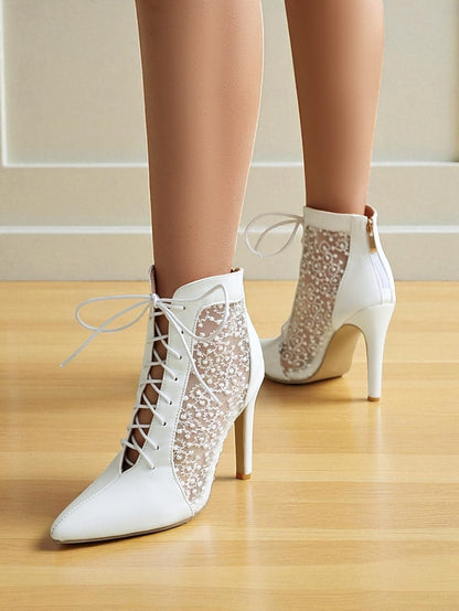Stiletto Ankle Heels Mesh Women's Booties White Lace with