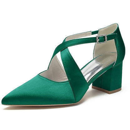 Block Pointed Toe Women's – Satin Elegant Heels White