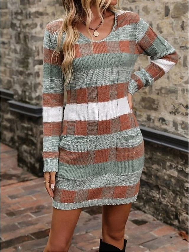 Women's Plaid V Neck Maxi Dress Long Sleeve Spring Fall