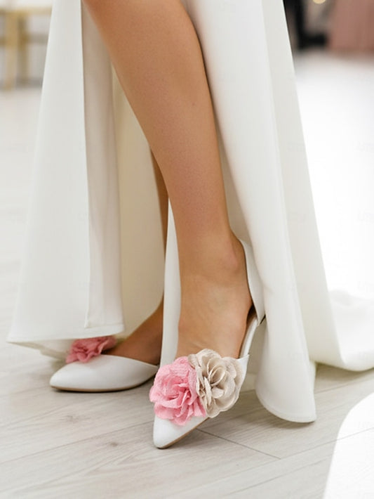 and Flower Wedding Women's Beige with White Flats Pink