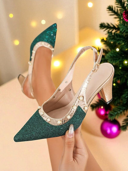 Women's Slingback Gold High Heels Strap with Green Glitter