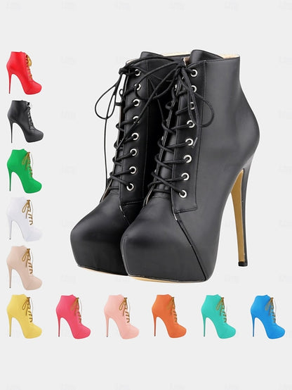 Boots Platform Beige Ankle - Women's Lace-Up Leather Faux