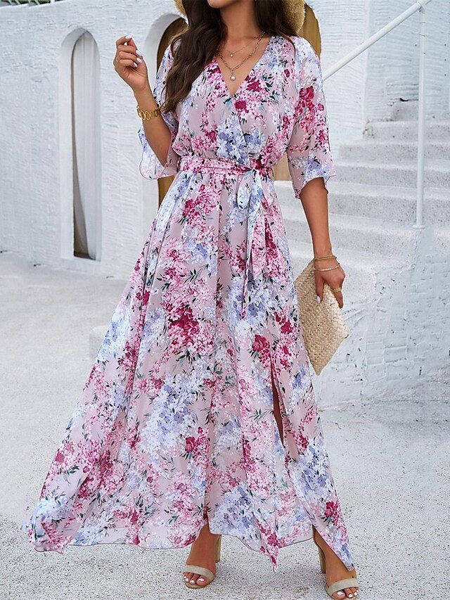 Women's Casual Dress Floral Print V Neck Long Dress Maxi