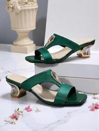 Slide Women's Rhinestone Green Satin Sandals with