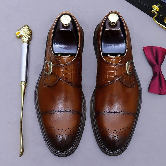 Genuine Leather Strap Black First Dress Monk Men's Shoes-