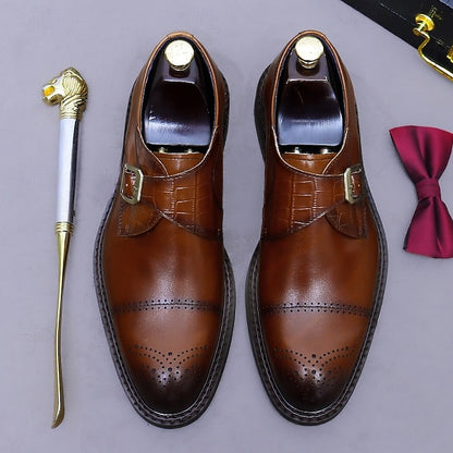 Genuine Leather Strap Black First Dress Monk Men's Shoes-