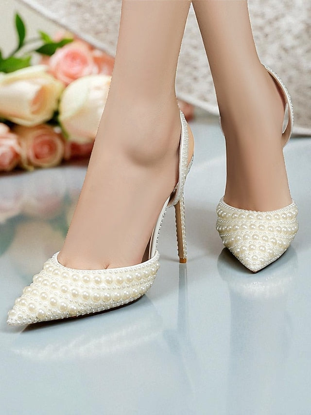 Heels - Slingback Leather White Women's Pearl-Embellished