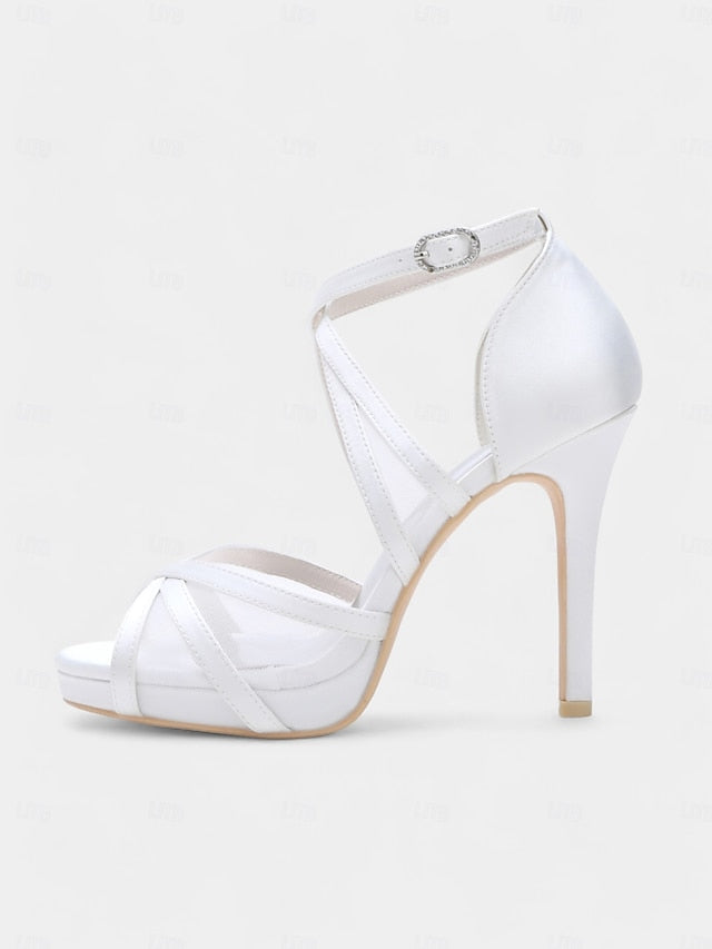 Sandals Bridal High Heel Straps with Satin - Cross Perfect White