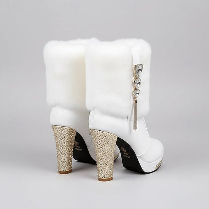 - Heels Rhinestone Fur Boots Faux Women's White with Ankle