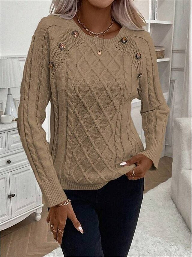Women's Sweater Casual Soft Pure Color Cable Crew Neck