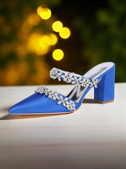 Floral Black Women's Block with Mules Rhinestone Heel Satin