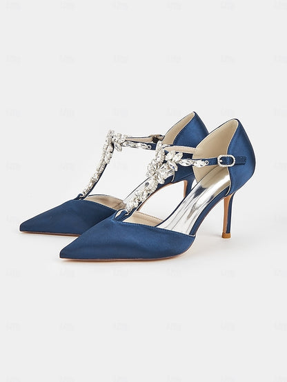 Blue – Satin Pointed Toe Heels Navy T-Strap Women's