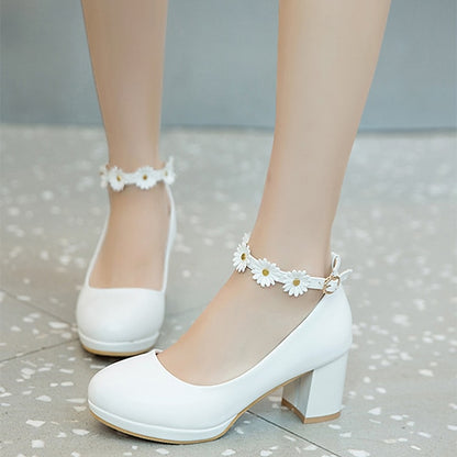 Ankle Daisy Block Heel Flower with Girls' White Shoes