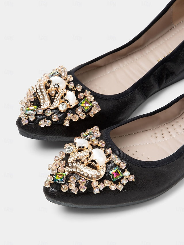 Women's Foldable Rhinestone Ballet Black Flats with