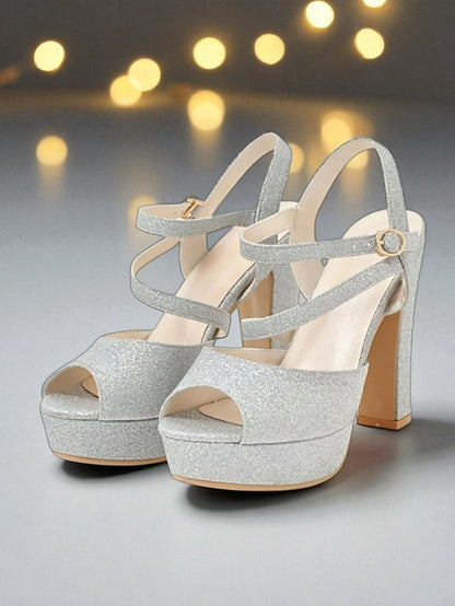 Strap Heel Sandals Platform Ankle High with Glitter Women's