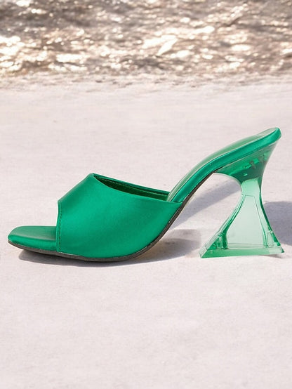 Mules Green with Transparent Satin Block Heels Open-Toe for