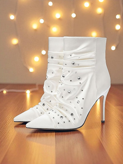 Women's Ankle White Rhinestone Satin with Boots