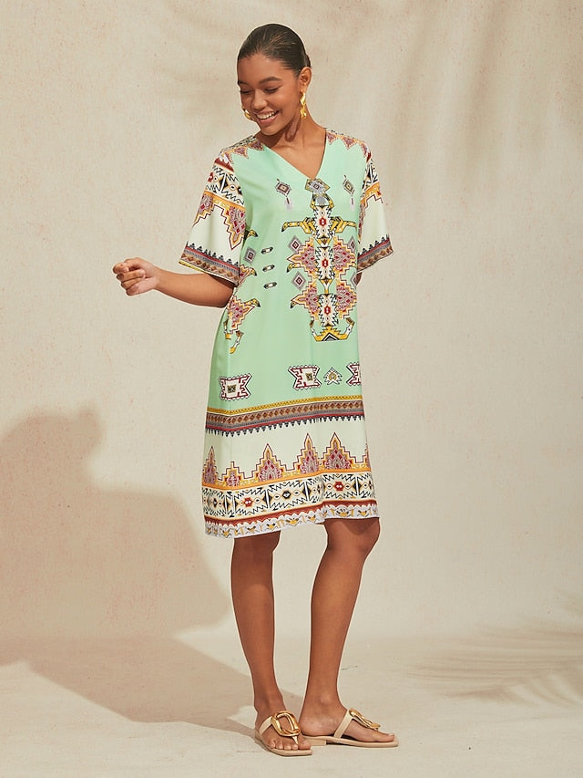 Vacation Vintage Ethnic Geometric Pattern Satin Midi Dress